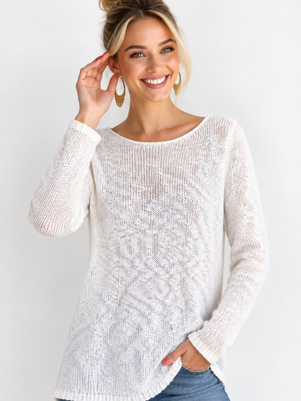 Zara white open knit nubby, longer length crew neck